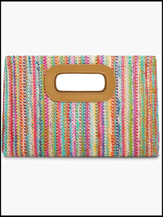 Handbags - Straw Clutch Handbag with Gold Chain, Detachable Crossbody Shoulder Strap